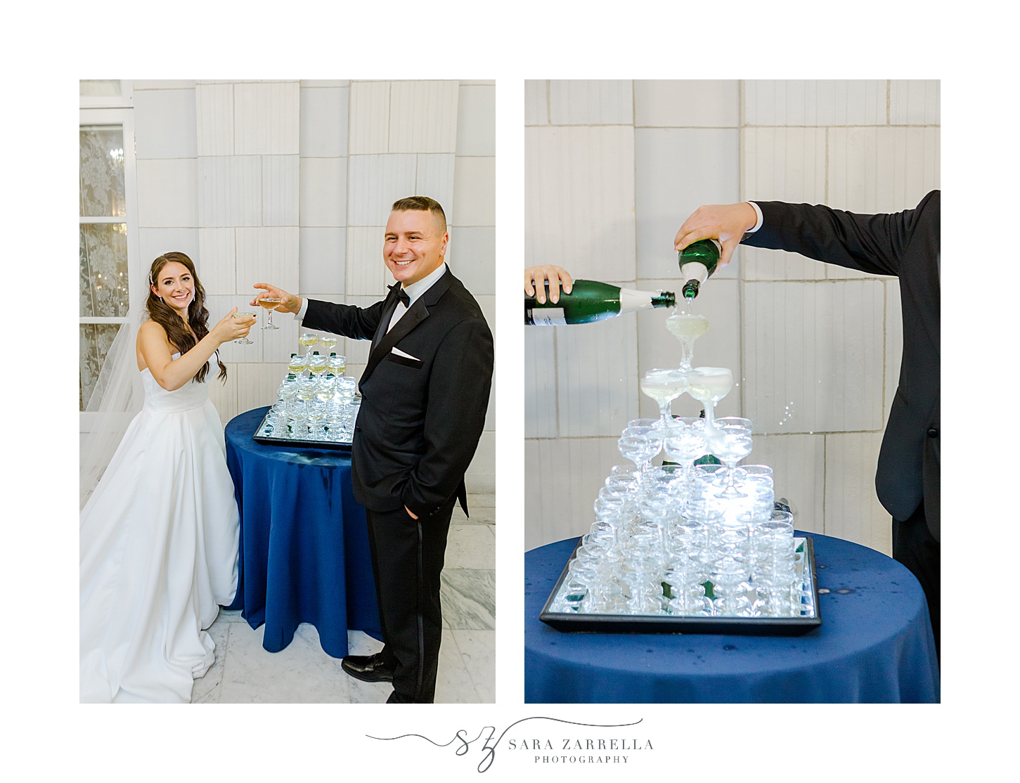 newlyweds pour champagne down tower of glasses 