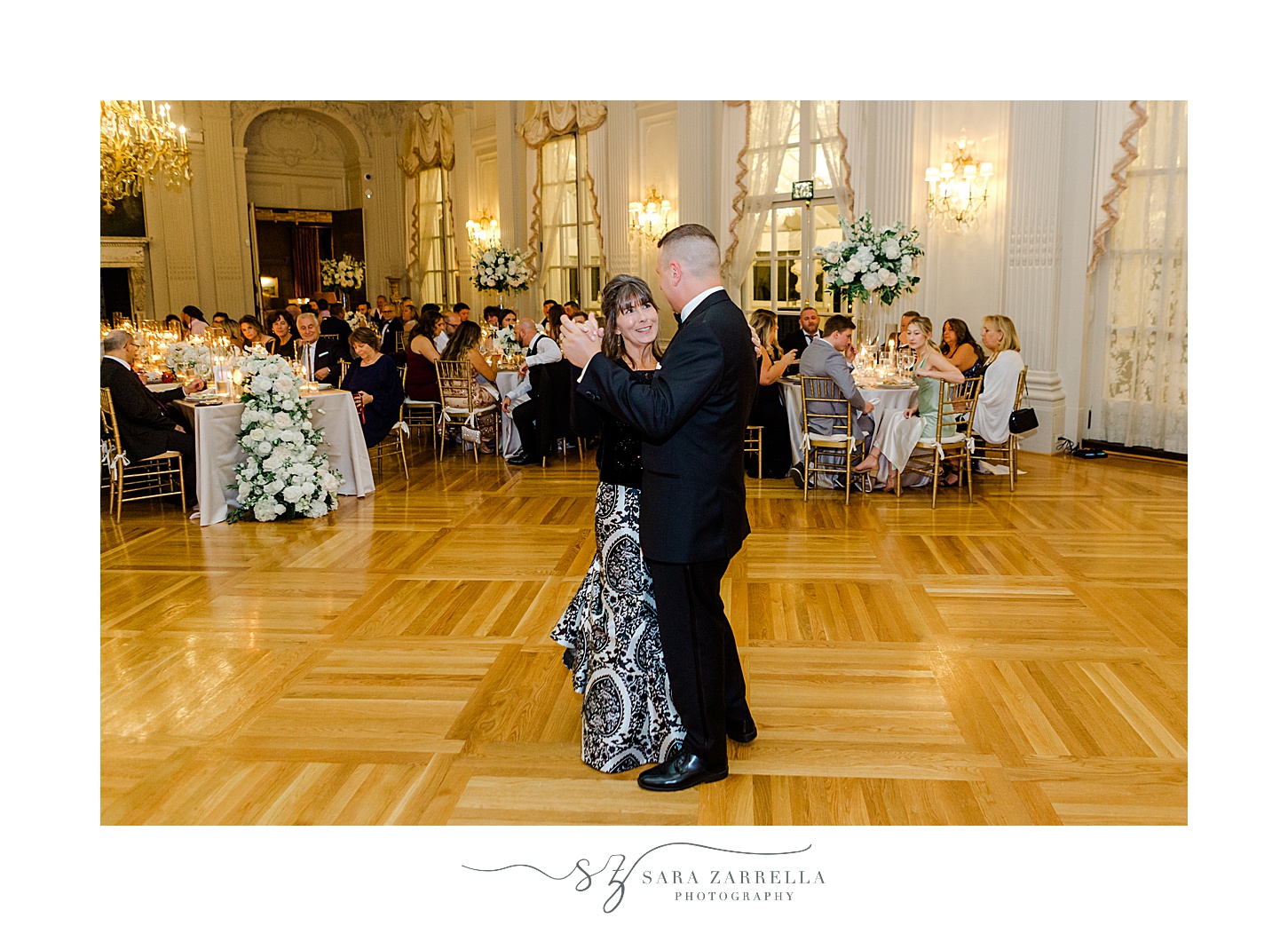 mother and groom dance during Newport RI wedding reception