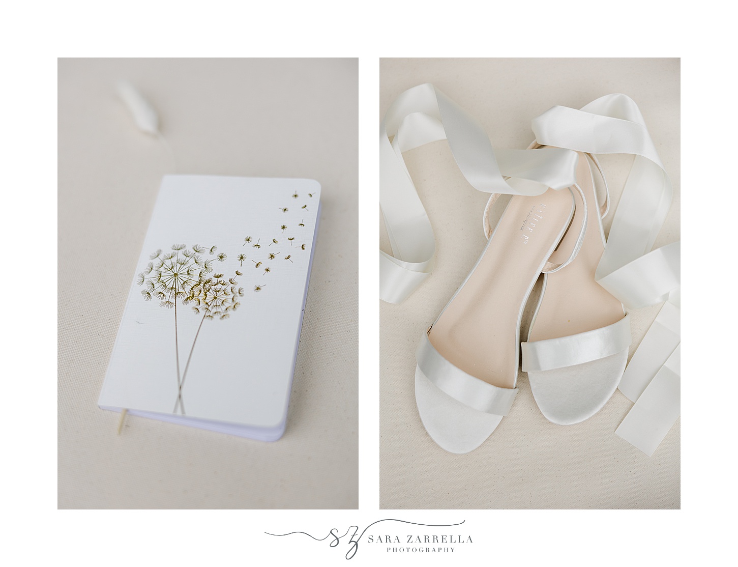 bride's white shoes with ribbons and notebook with dandelion on front