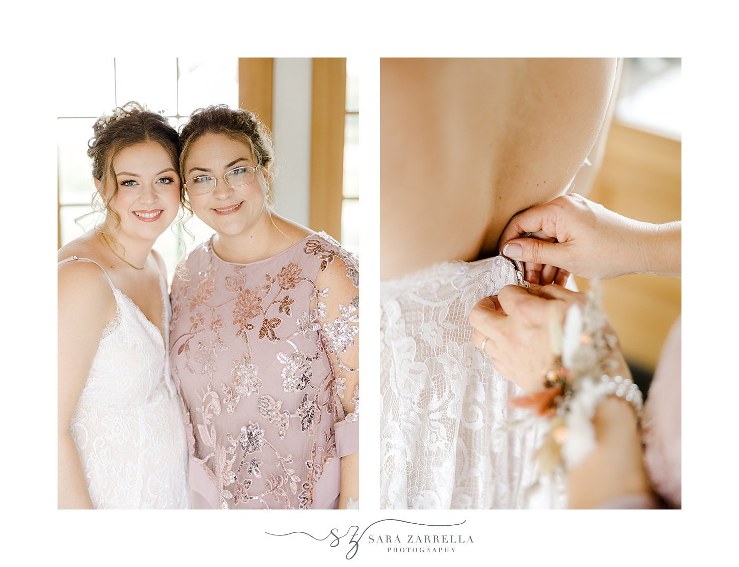 mother buttons up bride's dress during prep for RI wedding