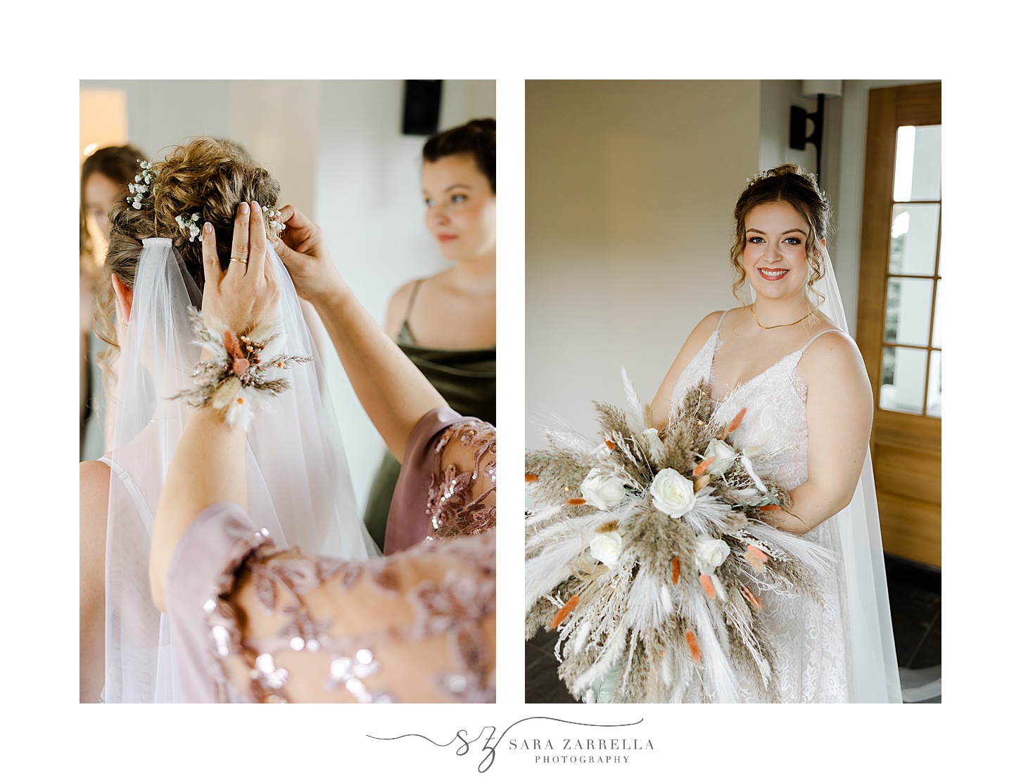 bride poses holding big bouquet with feathers
