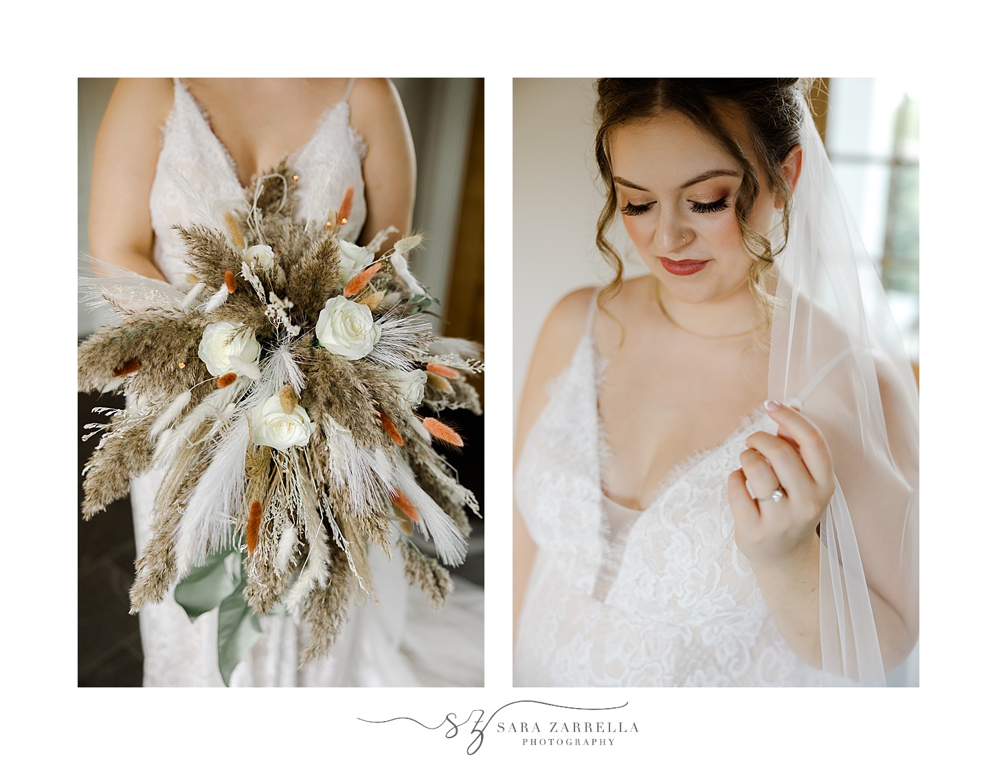 bride looks down at boho bouquet with feathers and ivory roses