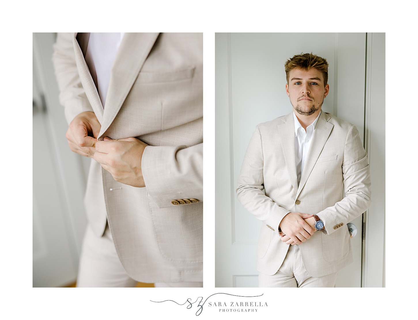 groom buttons up tan jacket on wedding morning