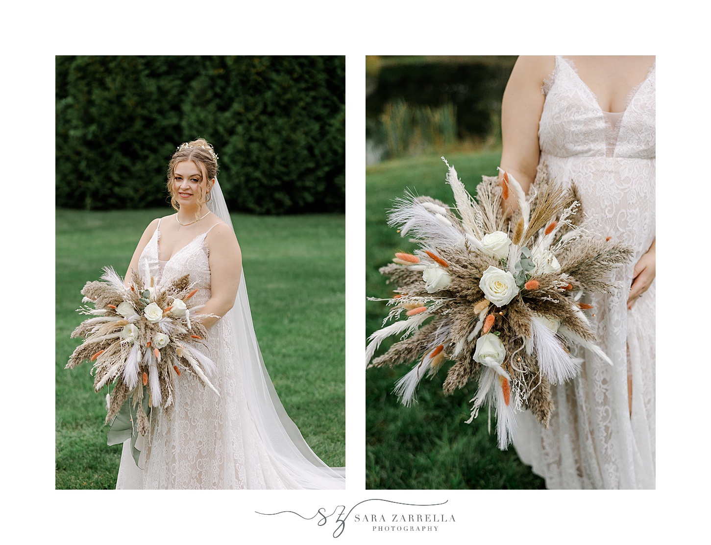bride holds bouquet of boho flowers and feathers on lawn in Rhode Island