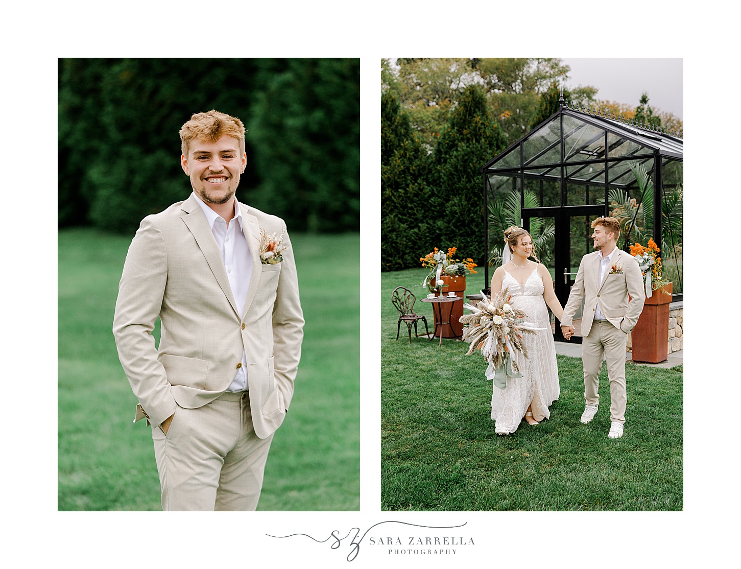 groom stands with hands in pocket of tan suit and walks with bride outside greenhouse