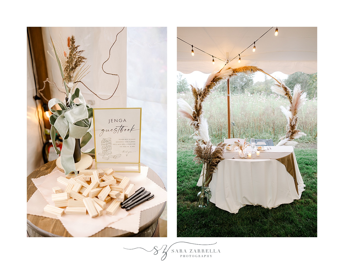 tented wedding reception on lawn of Rhode Island private residence with tan and white details