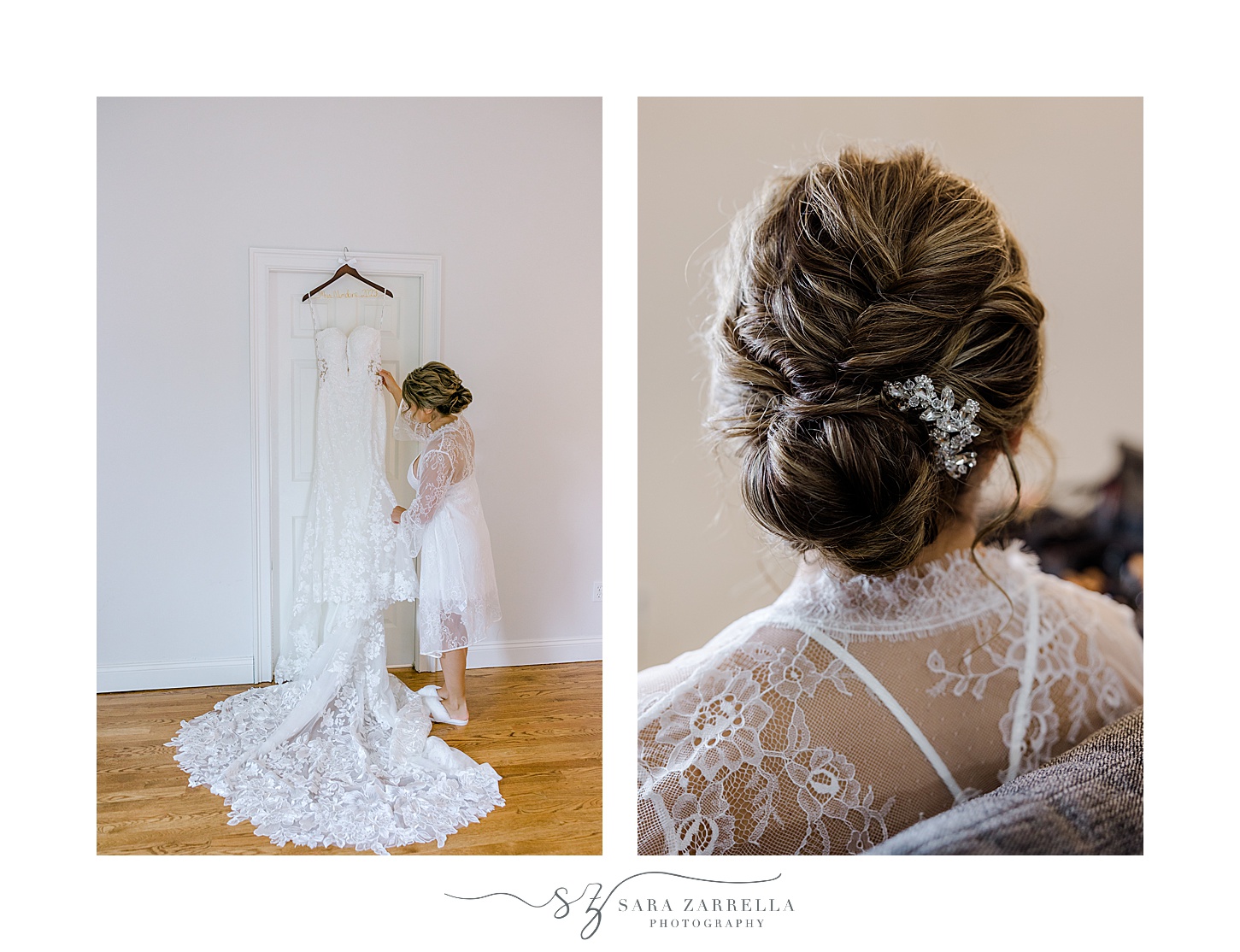 bride sits in lace robe with updo before Westerly RI wedding
