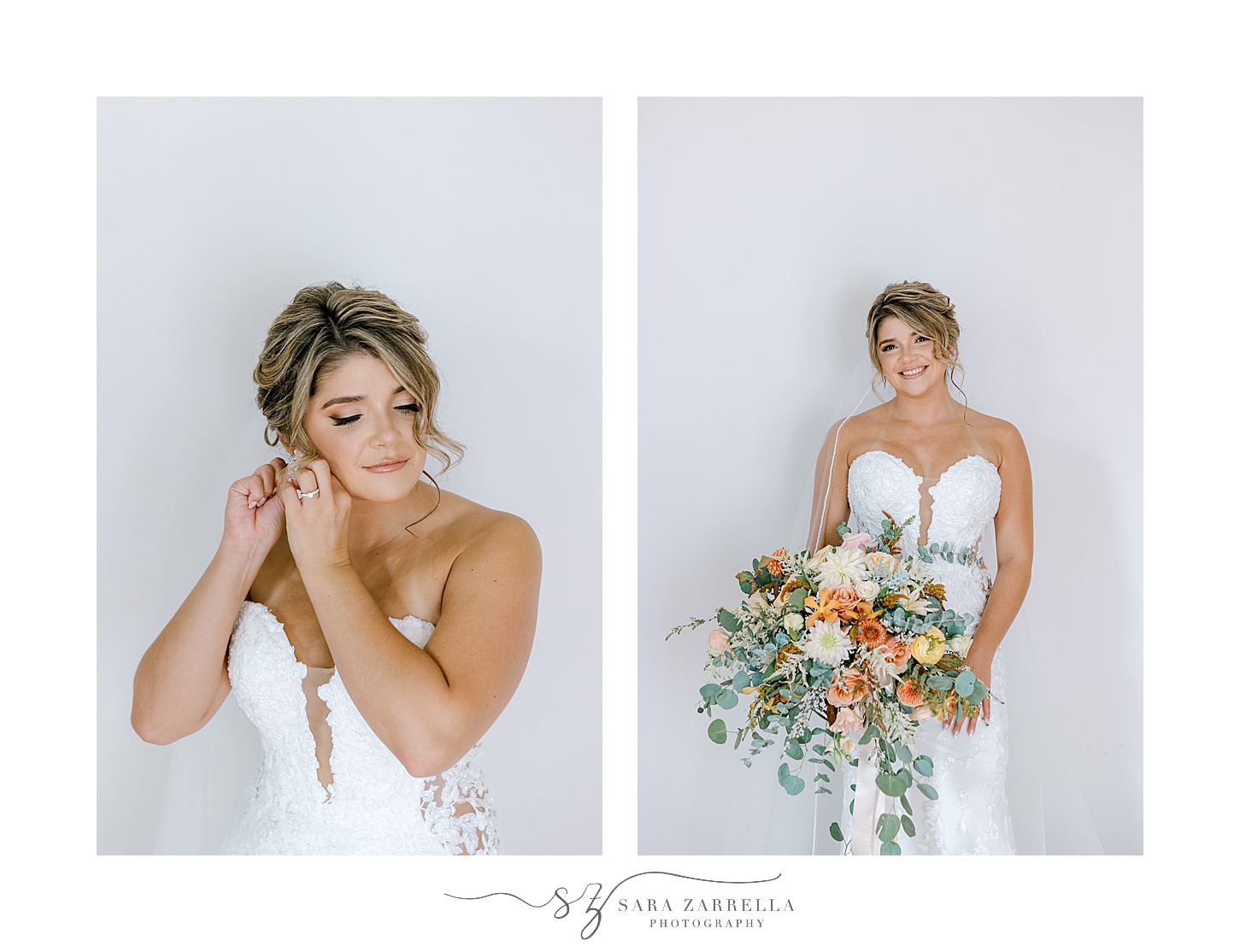 mother poses in strapless wedding gown with yellow, orange, and green flowers 