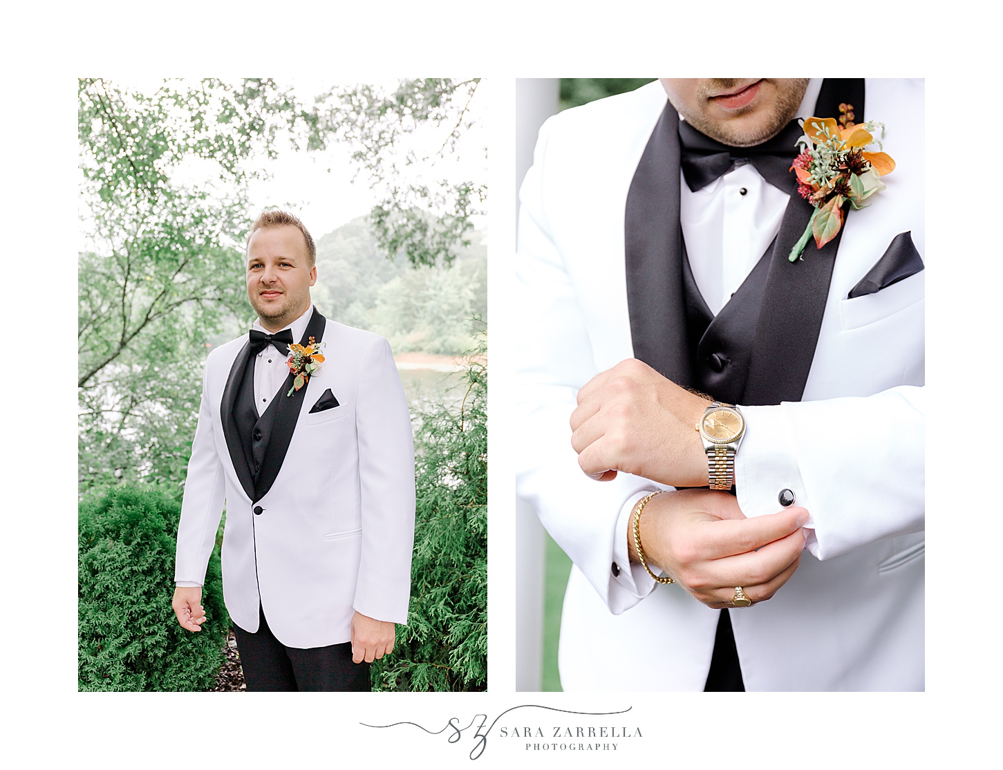 groom adjusts cufflinks on white suit jacket during Westerly RI wedding prep