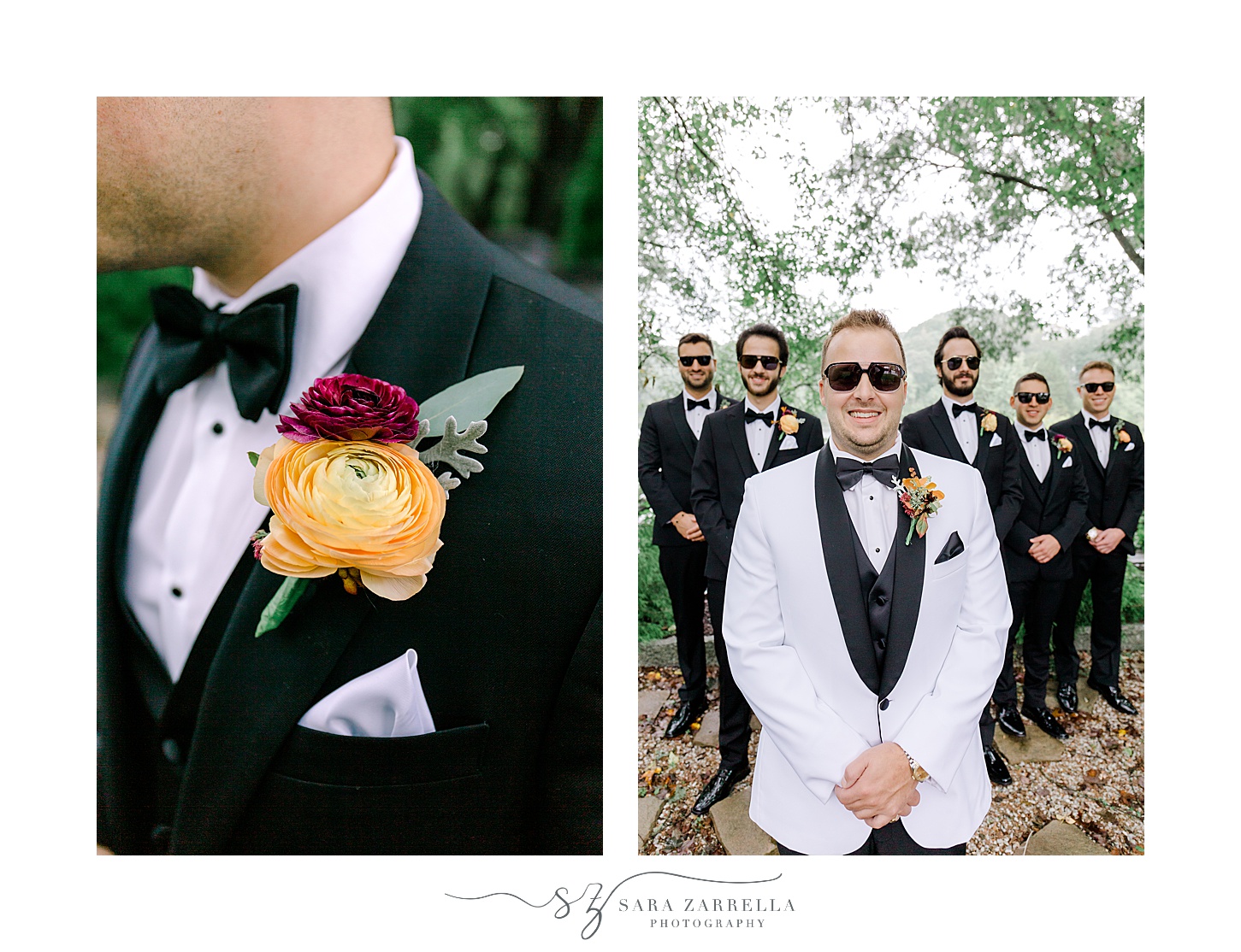groom stands with groomsmen in black suit jackets with orange flower boutonnière 