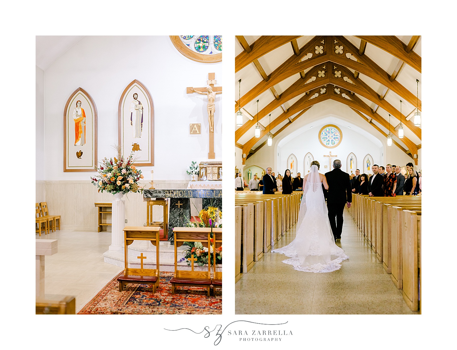 bride and father walk down aisle inside St Pius Church in Westerly RI