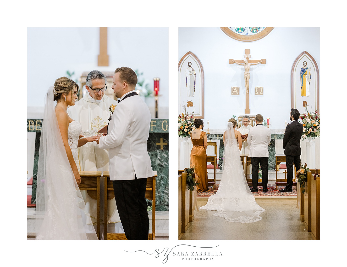 newlyweds hold hands during wedding ceremony at St Pius Church in Westerly RI
