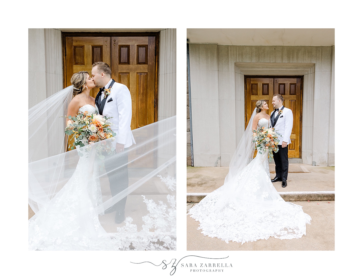 bride and groom kiss near wooden doors of St Pius Church