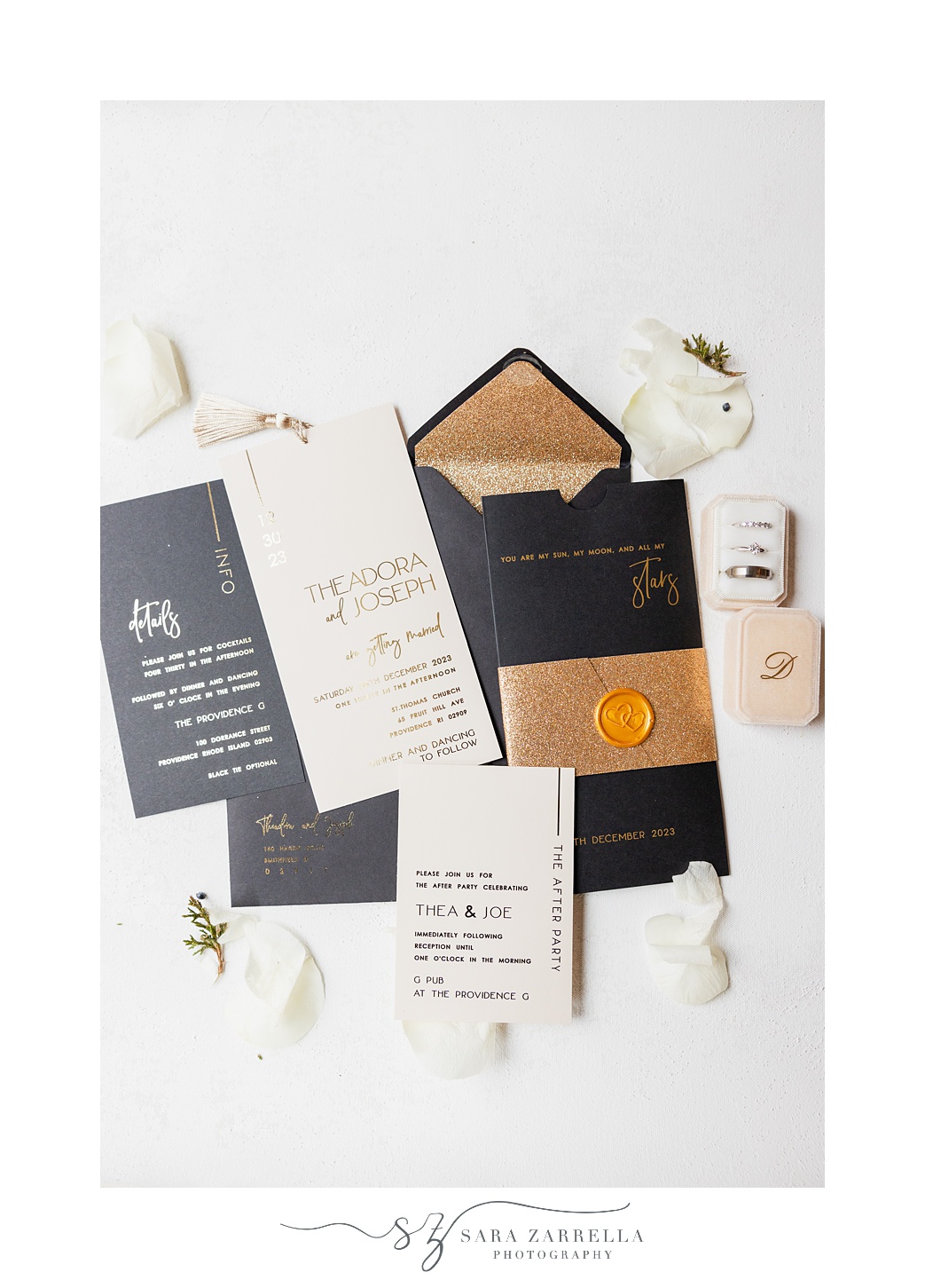 black, white, and gold invitation suite for Ballroom at the Providence G wedding