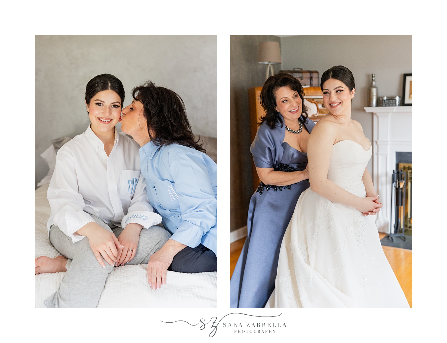 mother leans to kiss bride while helping her prepare for wedding 