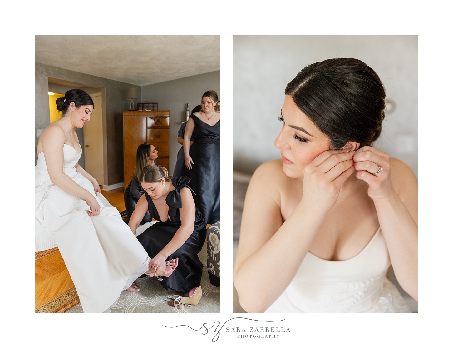 bridesmaid helps bride with shoes on morning of wedding