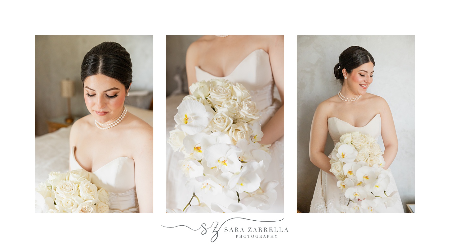 bride holds bouquet of cascading white flowers 