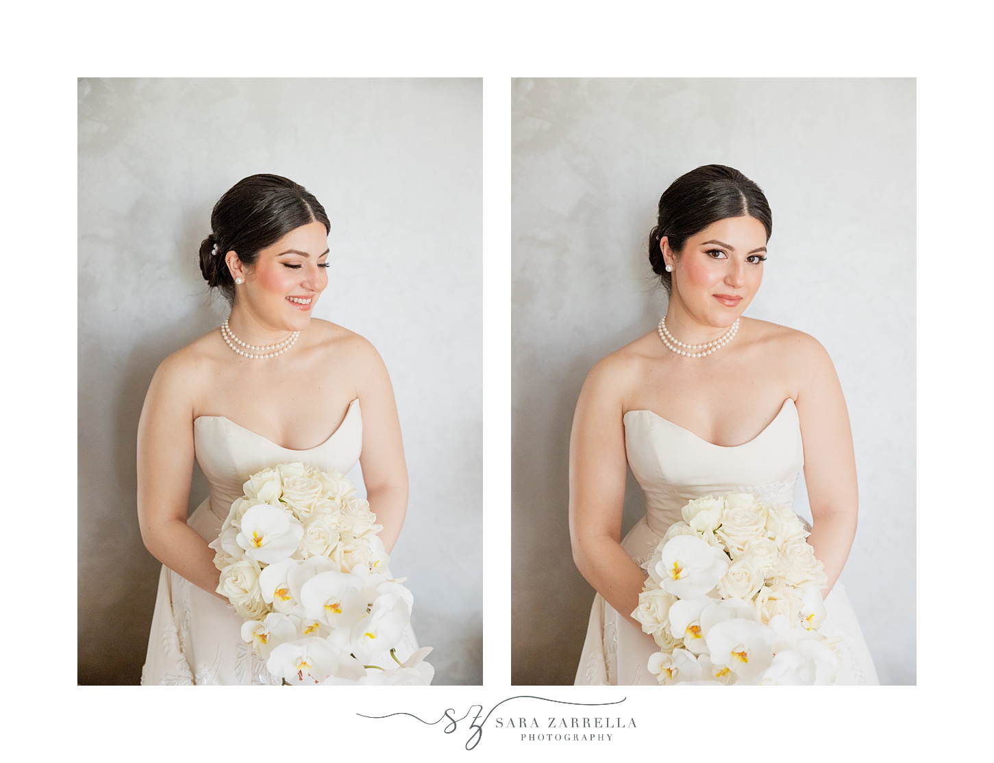 bride smiles holding bouquet of white cascading flowers in strapless gown