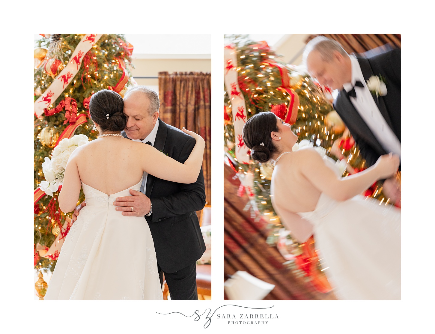 father and bride hug during first look by Christmas tree