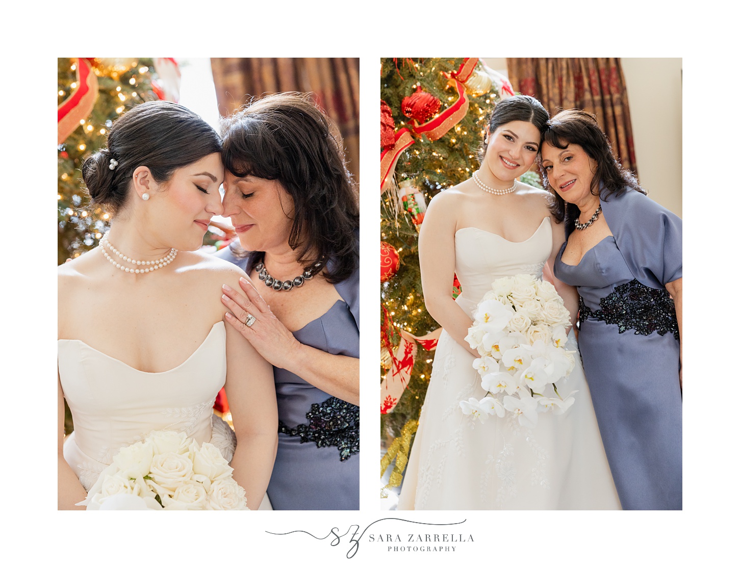 bride and mom hug by Christmas tree in Rhode Island home 