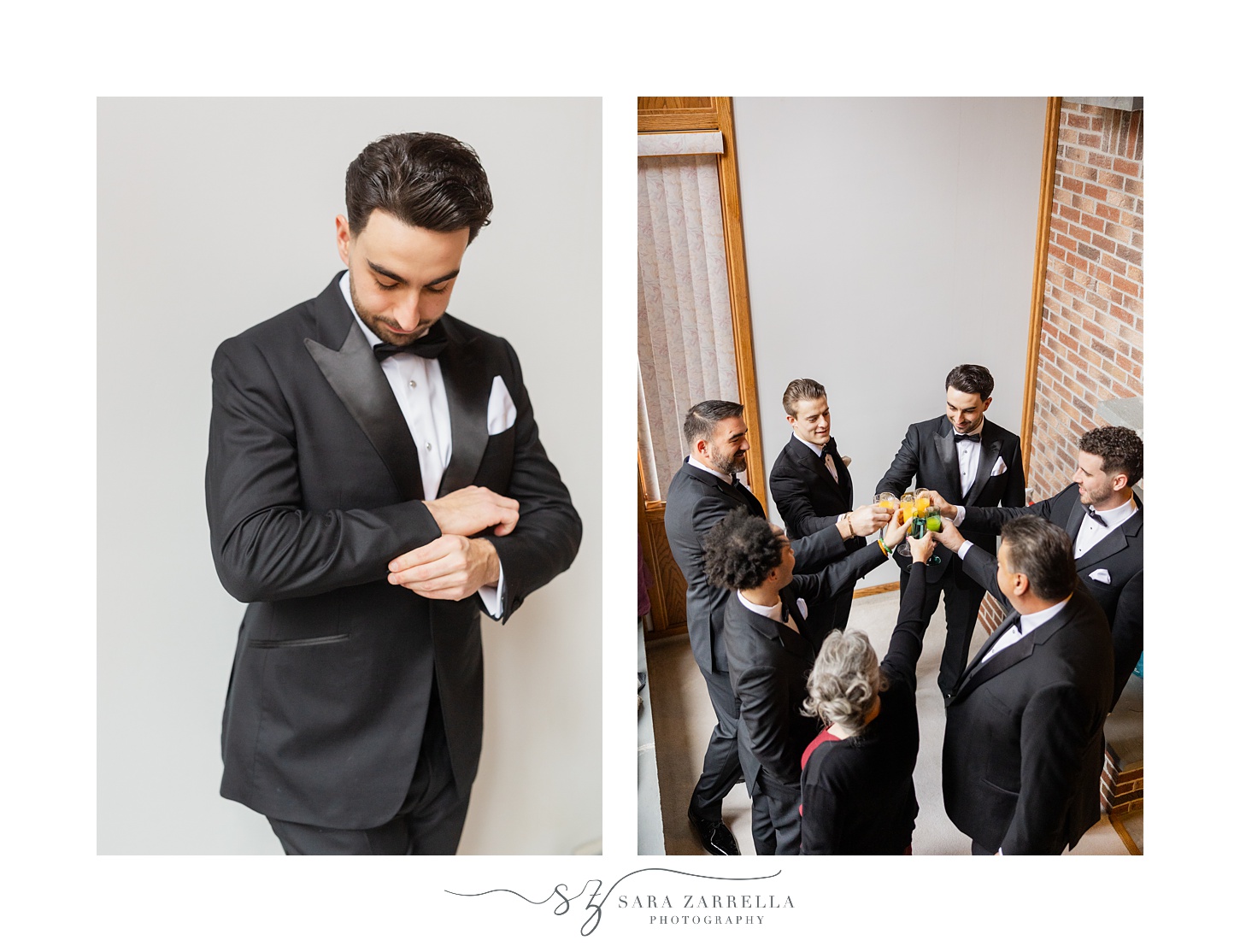 groom adjusts cufflinks next to photo of groomsmen toasting 