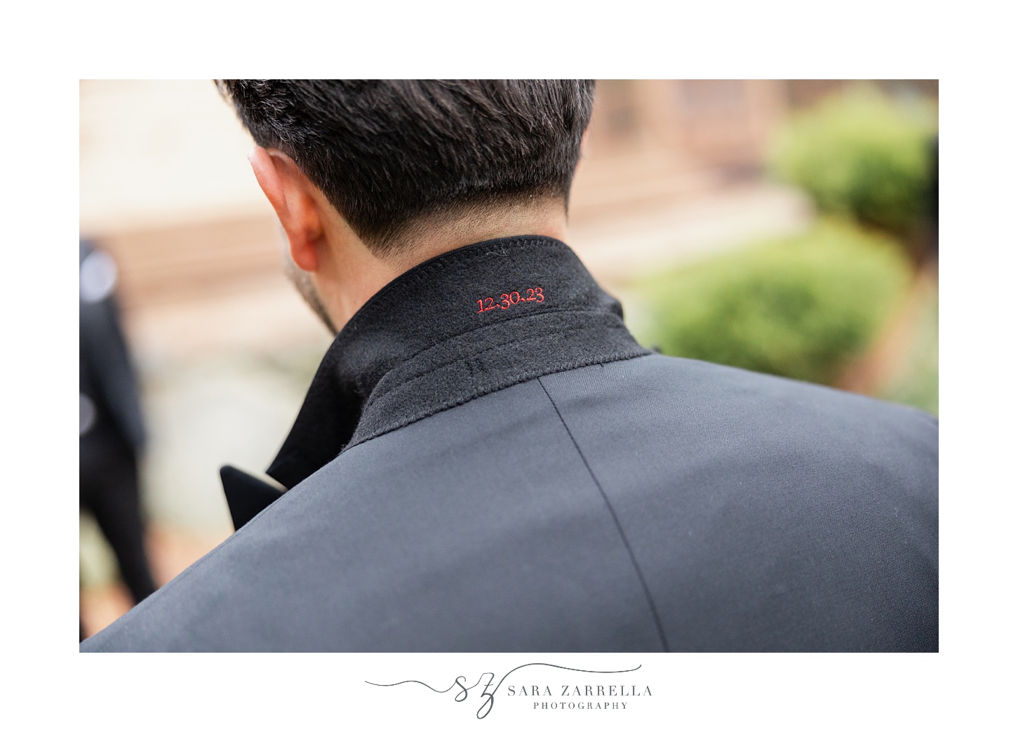 custom monogram stitching on collar of suit jacket 