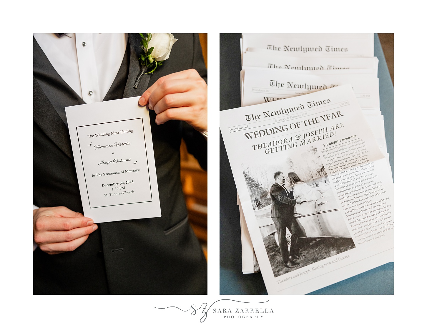 groom holds ceremony program and custom newspaper for wedding day