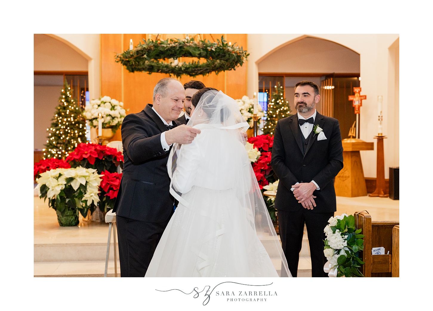 father lifts bride's veil for ceremony at St. Thomas Church in Providence RI