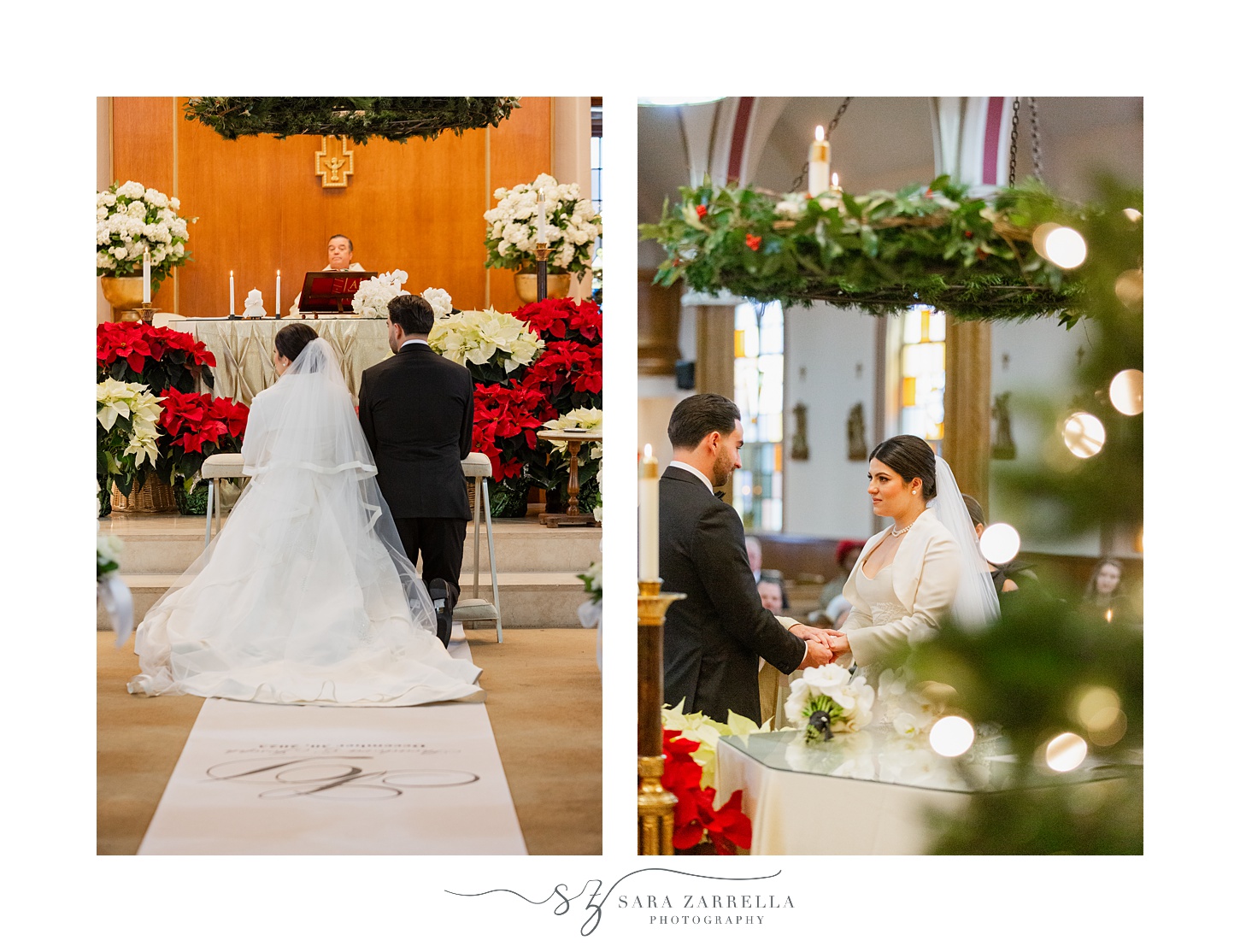 bride and groom kneel at alter inside St. Thomas Church in Providence RI