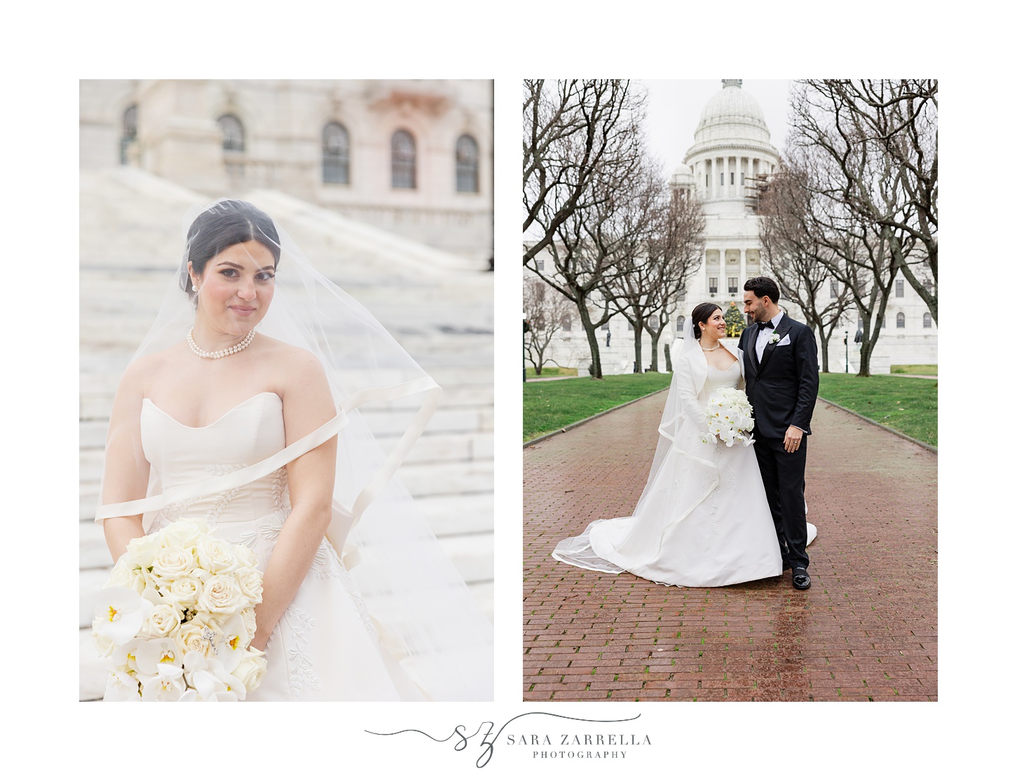 newlyweds hug on rainy wedding day in front of the RI State House