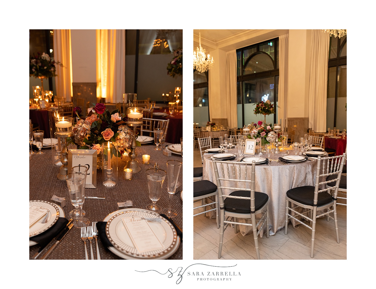 wedding reception in the ballroom at the Providence G with gold and white accents 