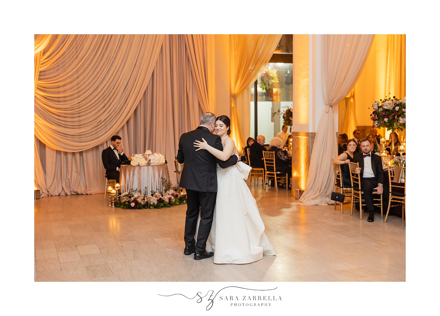 bride and father dance during reception at the ballroom at the Providence G