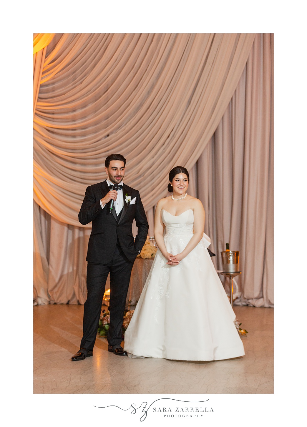 bride and groom give speech during wedding reception at the ballroom at the Providence G