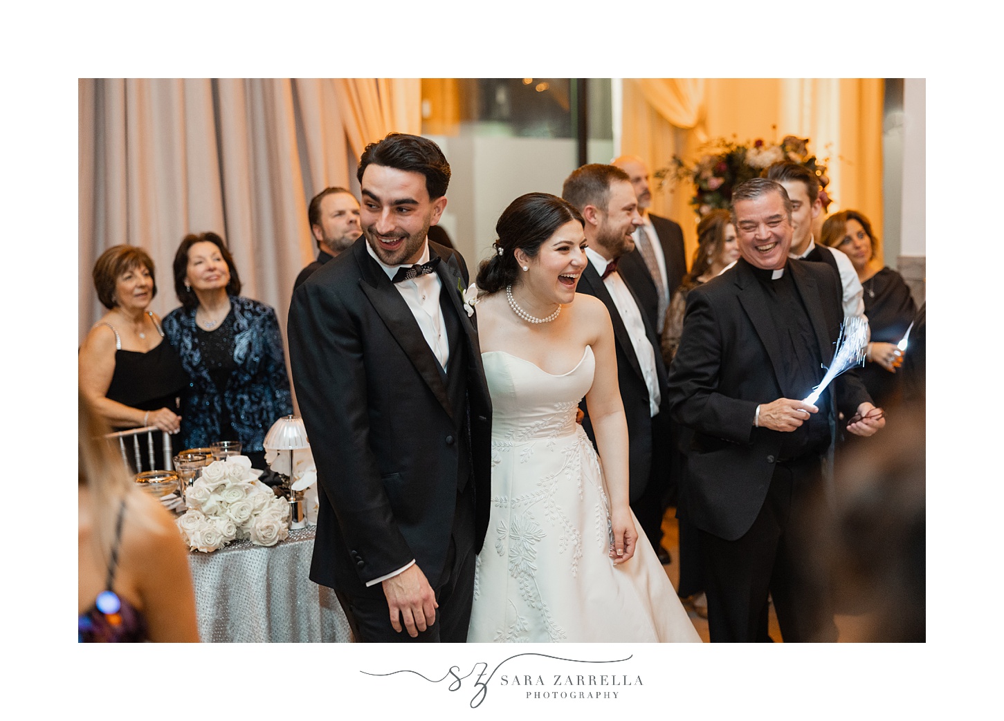 bride and groom gasp during guest performances during RI wedding reception