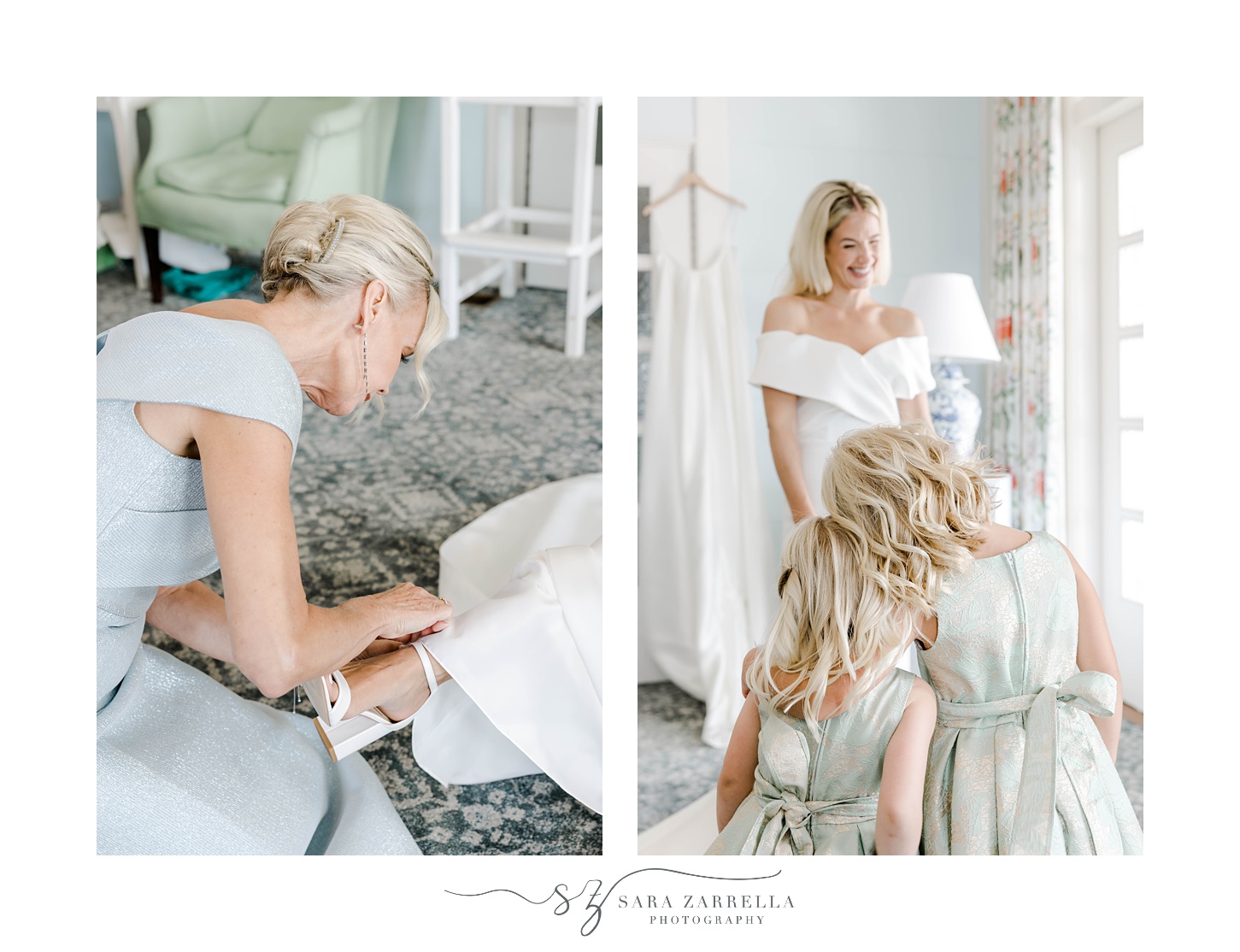 mother helps bride with shoes during wedding day for Narragansett RI wedding day