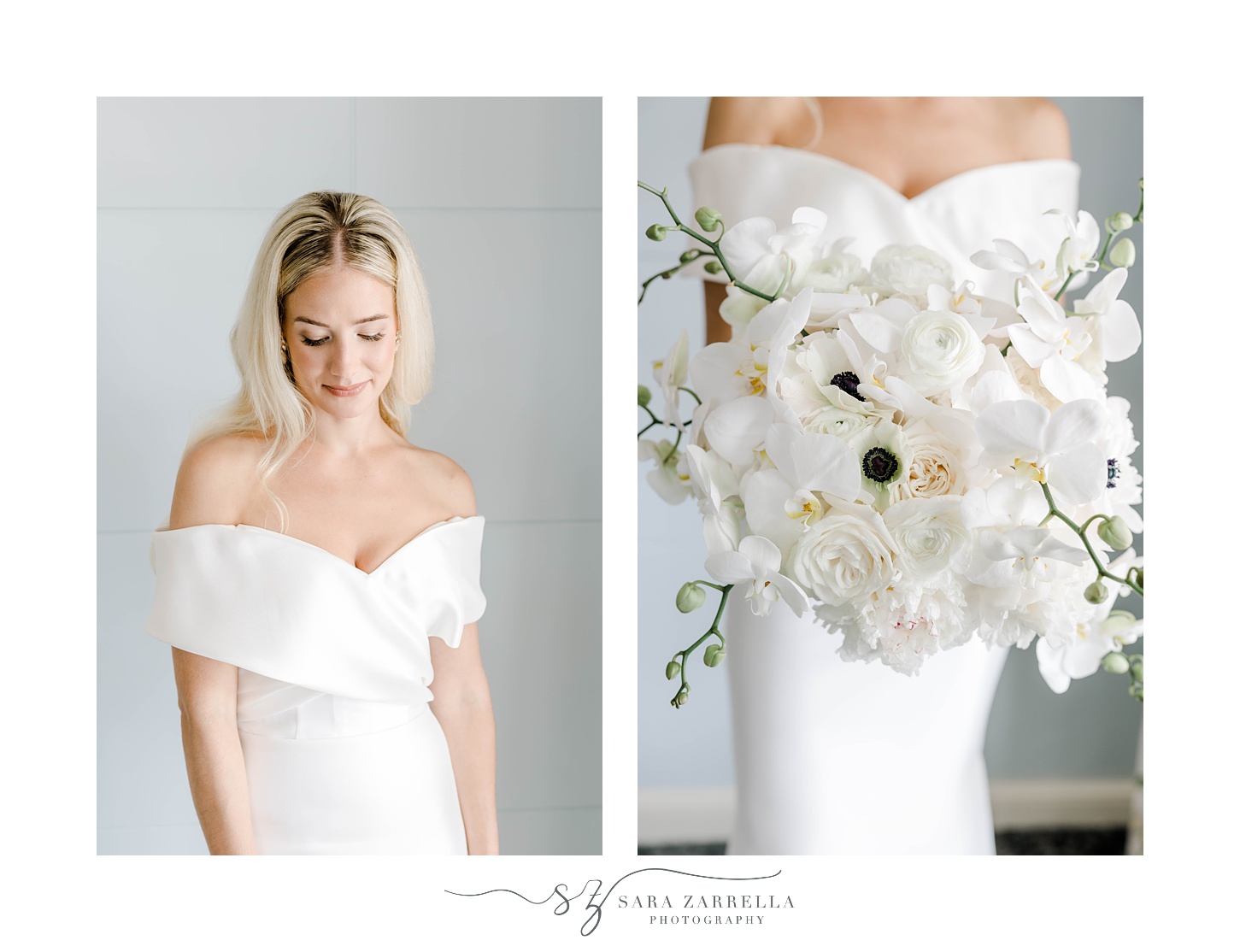bride holds bouquet of white flowers in off-the-shoulder gown