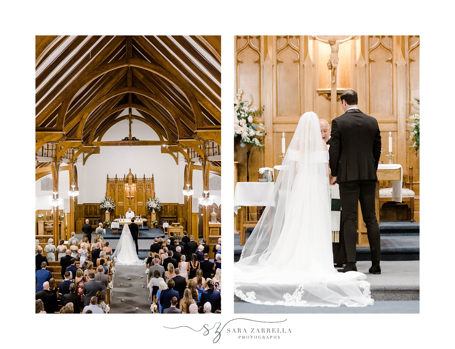 newlyweds stand inside Saint Francis of Assisi Parish at the alter 