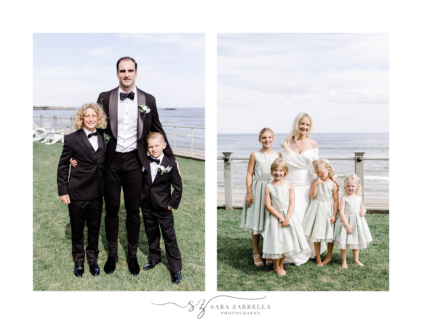 bride and groom stands with flower girls and ring bearers at the Dunes Club