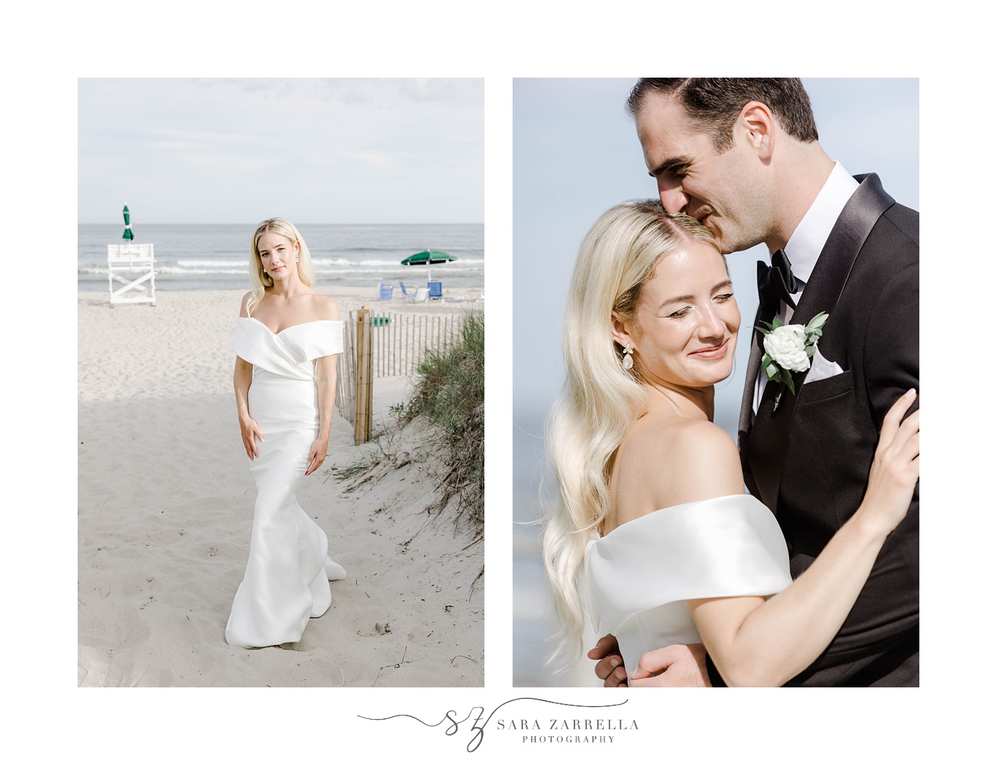 bride and groom hug on beach in Rhode Island