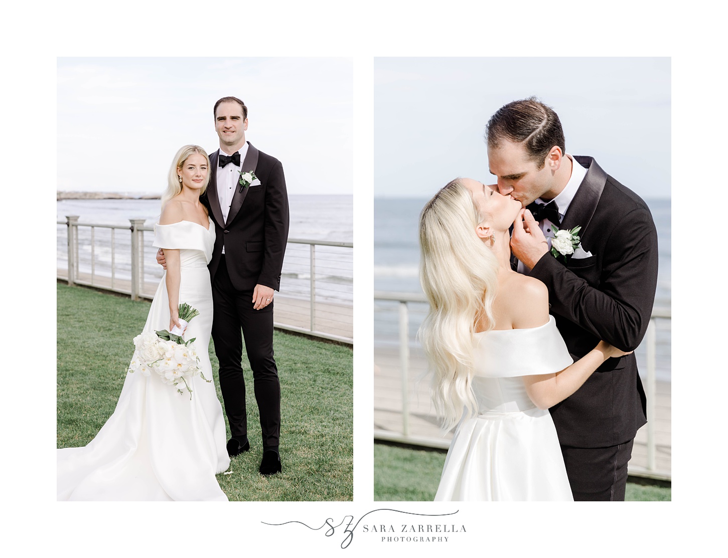 bride and groom kiss on lawn by the Narragansett Bay
