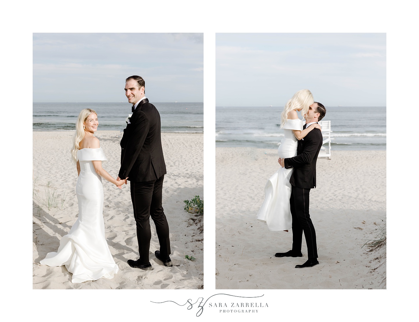 groom lifts up bride twirling her around on beach by Narragansett Bay