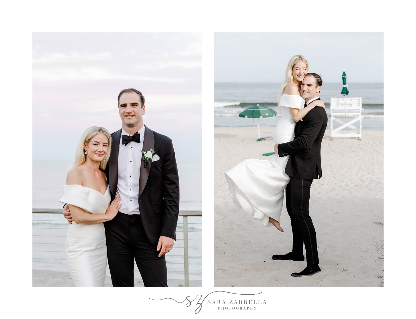 groom lifts up bride on beach at Narragansett Bay