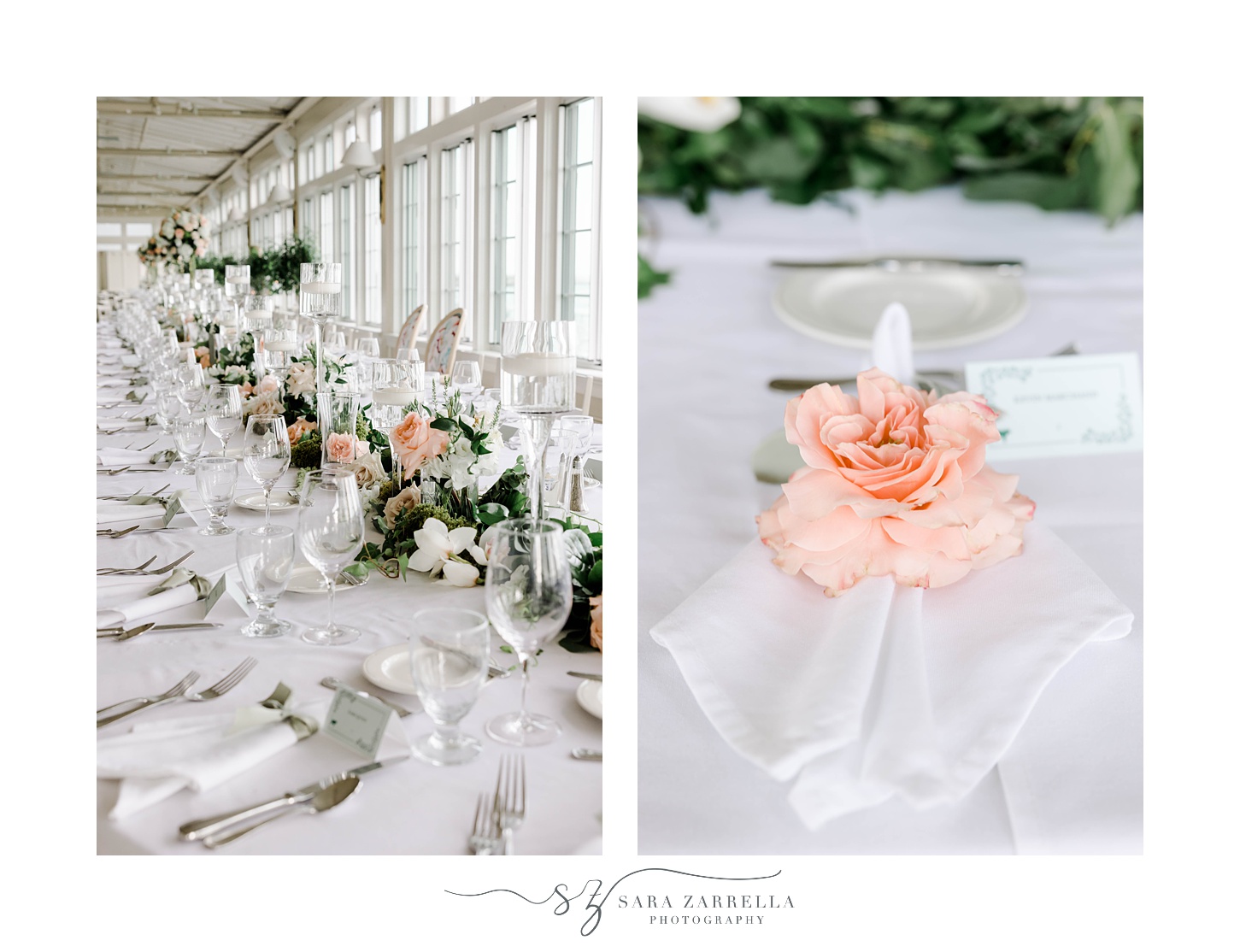 place setting with peach flowers on napkins at the Dunes Club