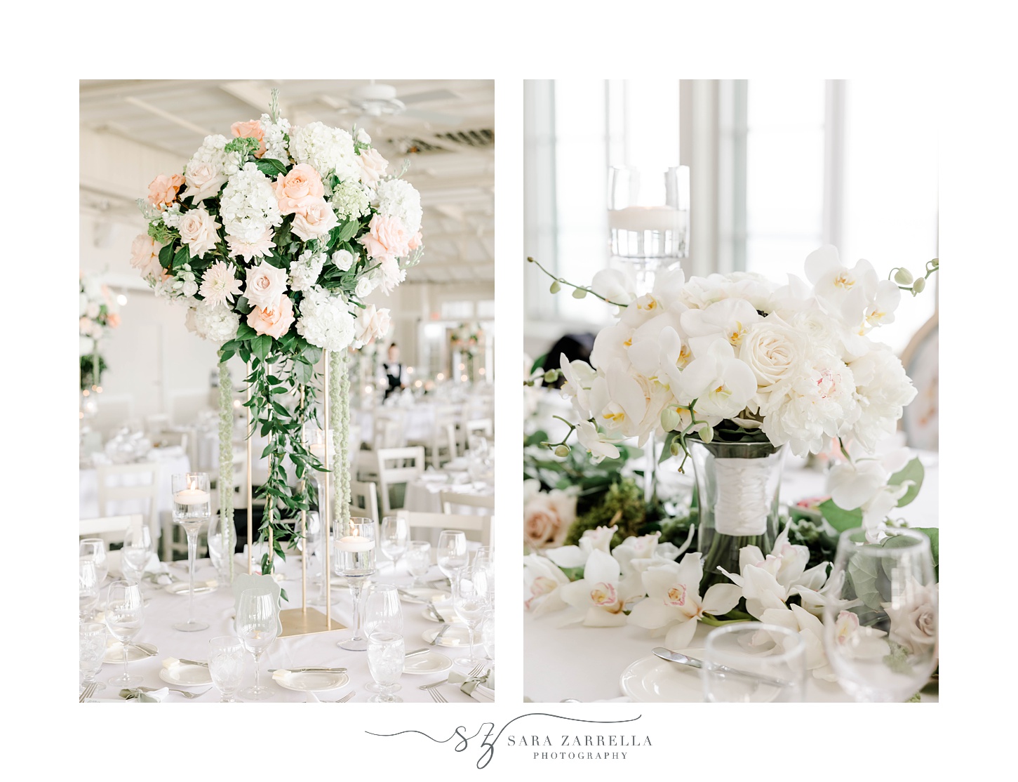 wedding reception with pink and white flowers for centerpieces 