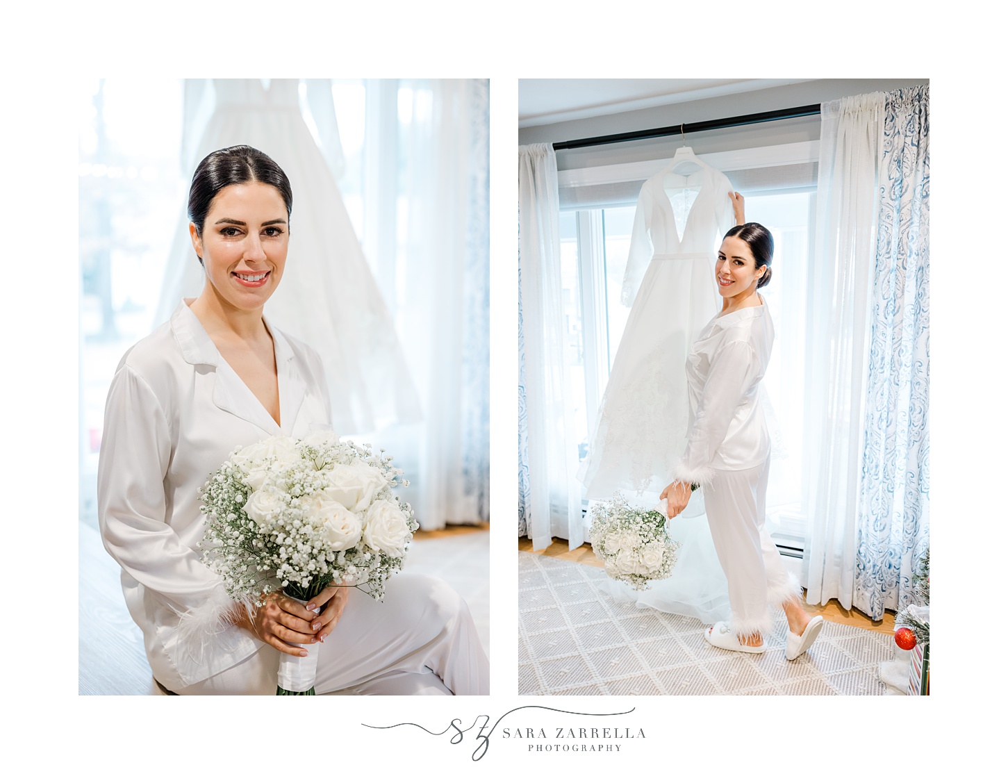 bride looks at wedding dress in window in ivory robe