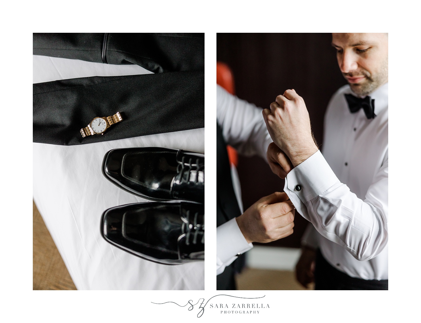 groom adjusts cufflinks during prep for New Year's Eve wedding