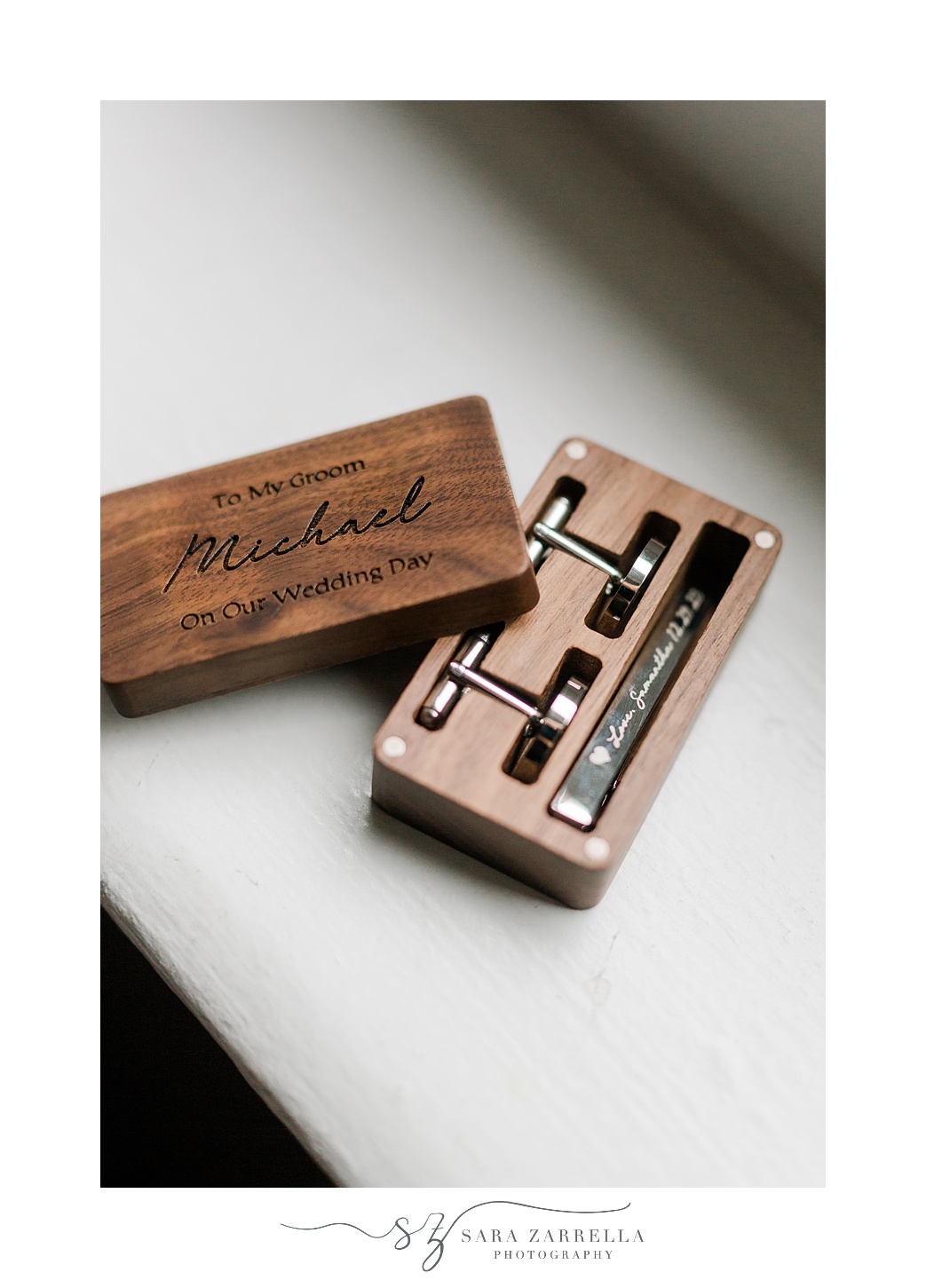 groom's custom cufflinks in wooden box