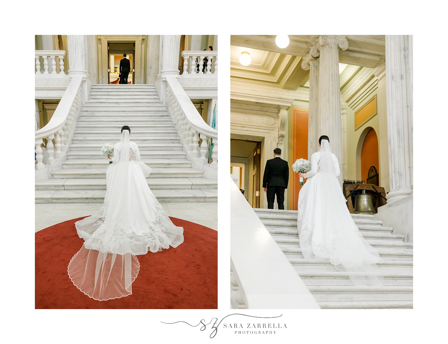 bride walks up steps to meet groom for first look at Rhode Island State House