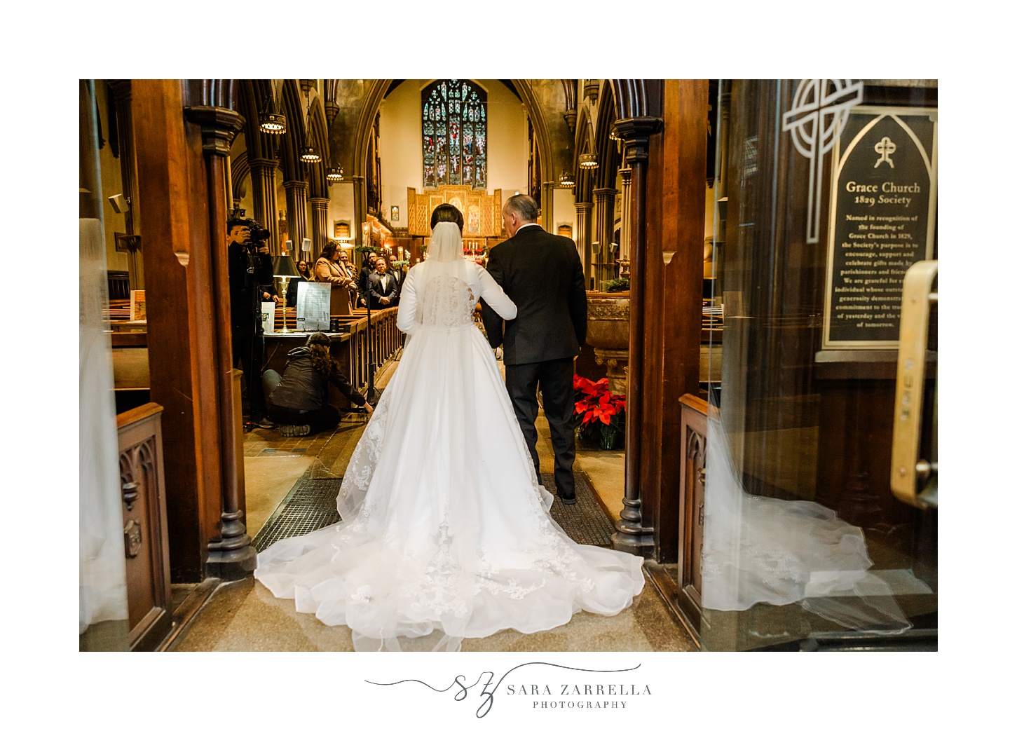 bride walks into traditional church wedding in Providence RI with father