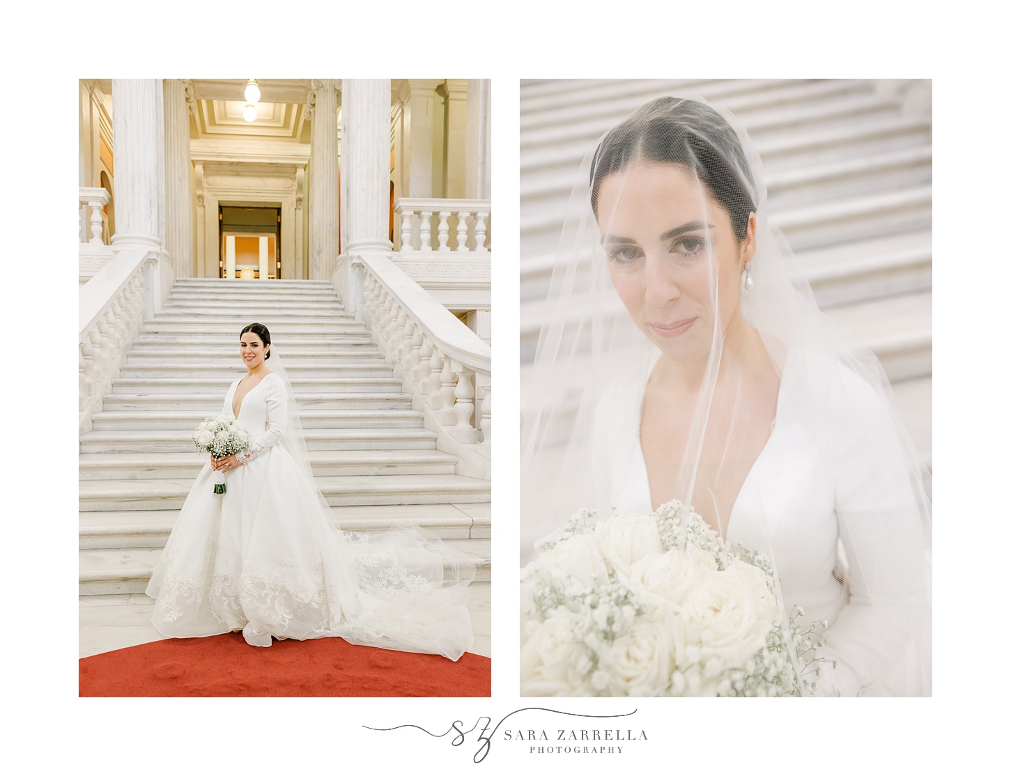 bride sits on steps under veil inside the Rhode Island State House in Providence RI
